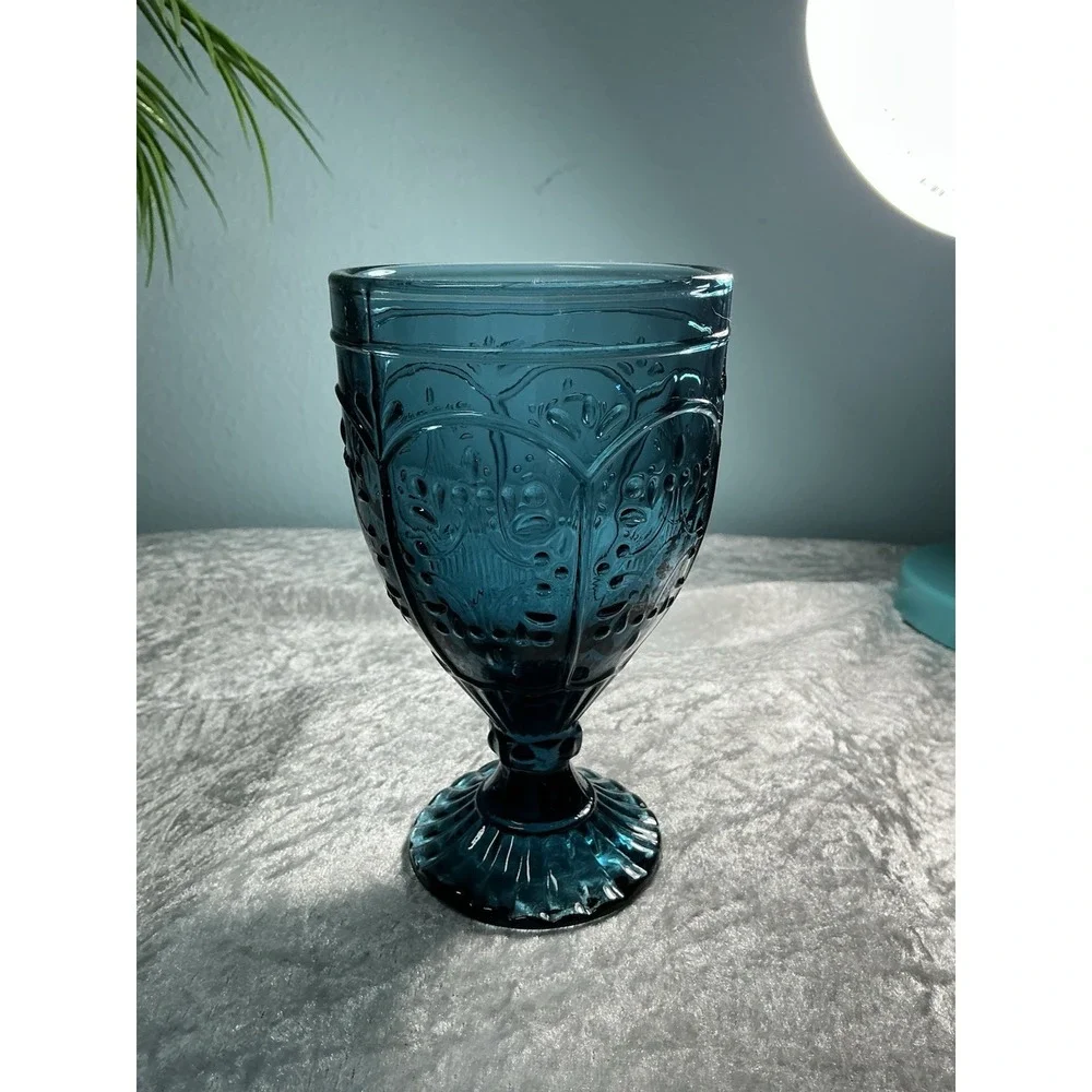 Vintage 2 Indiana Glass Tiara Bicentennial Blue Footed Water Goblets